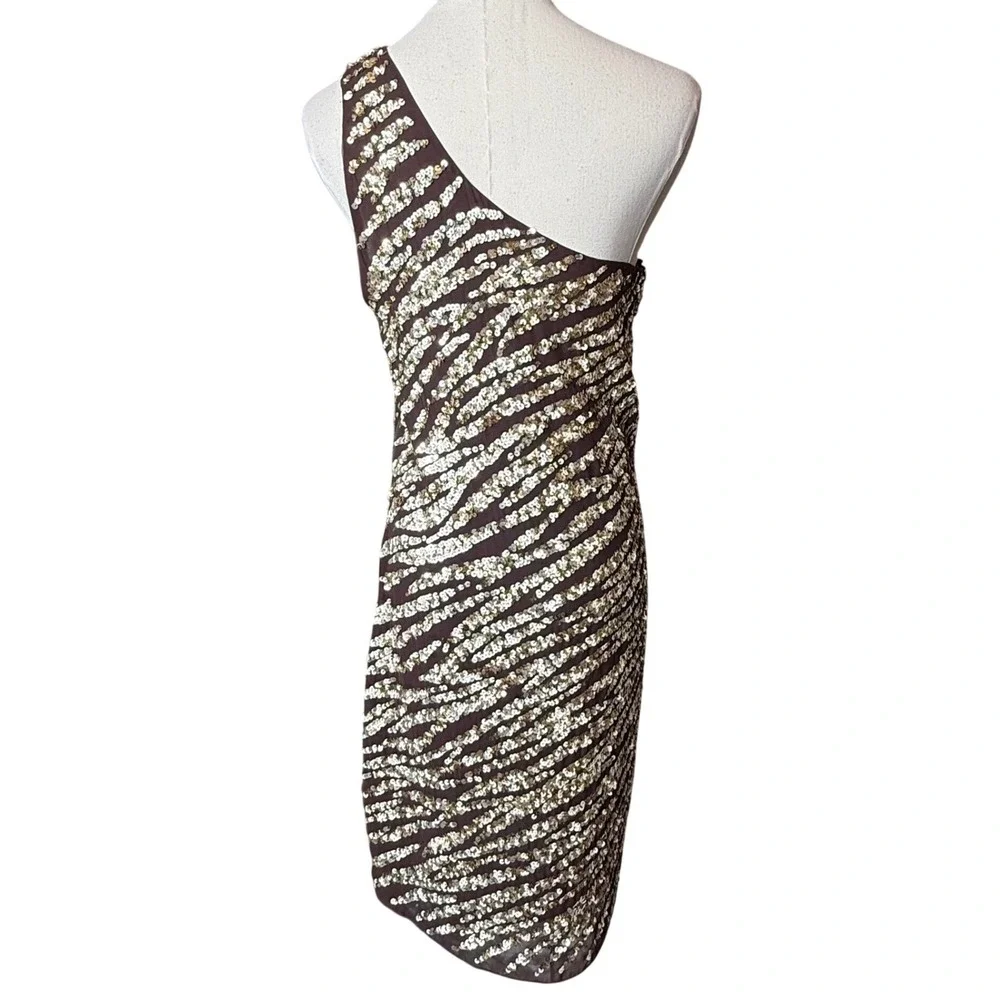 Alice + Olivia Nora One Shoulder Sequin Zebra Dress‎ Brown NEW size 6